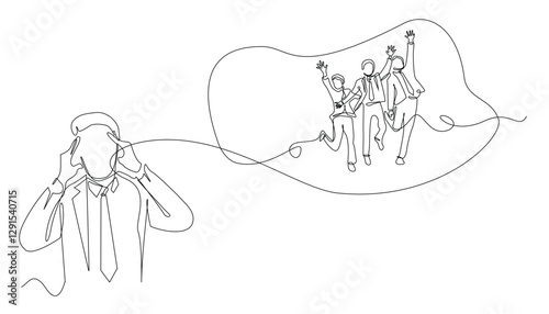 continuous line business man dizzy thinking about successful work friends.envy of other people's success.one line drawing isolated white background