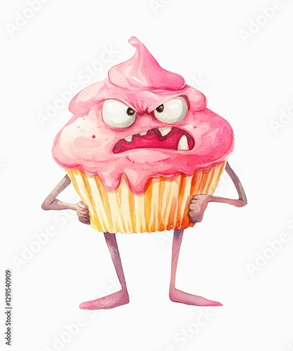 Watercolor cartoon illustration of an angry mad pink cupcake isolated on white background. photo