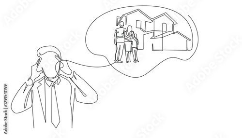 continuous line dizzy business man thinking about new house.business man holding head thinking about house for family.one line drawing isolated white background