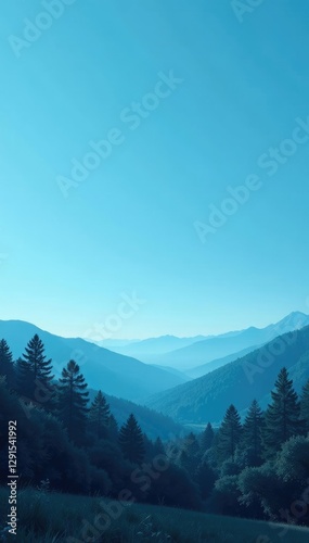 Minimalist landscape with a vast blue expanse and dense forest in the foreground, trees, calm, blue