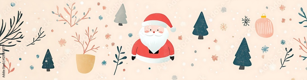 Festive Banner with Santa: A whimsical and warm illustrated banner features a central Santa Claus surrounded by festive elements. Festive Banner with Santa: A whimsical and warm illustrated banner features a central Santa Claus surrounded by festive elements.