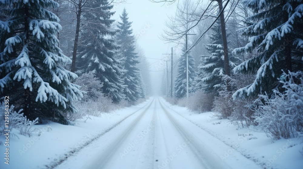 Fototapeta premium Winter road in a snowy field with trees and blue sky at sunset