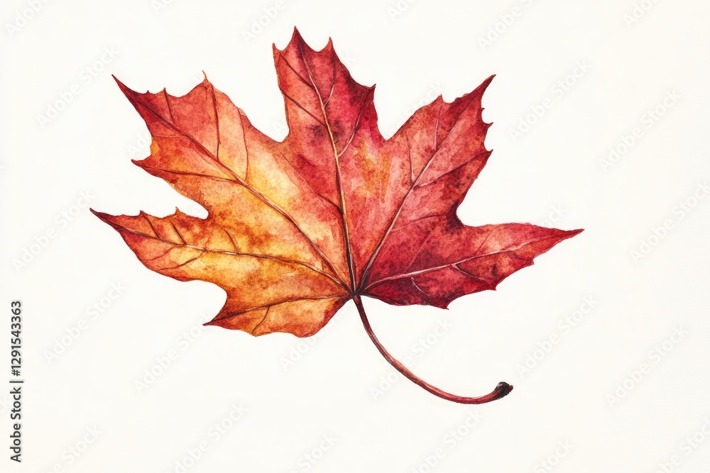 Obraz premium A red maple leaf painted in watercolor, warm fall tones, isolated