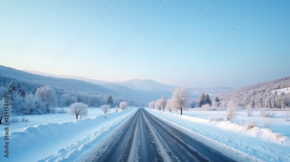 Winter road in a snowy field with trees and blue sky at sunset Winter road in a snowy field with trees and blue sky at sunset