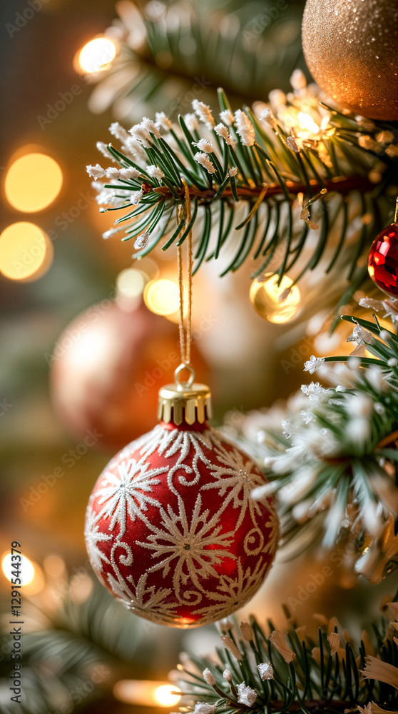 Fototapeta premium red glass christmas ornament with snowflake hanging on tree branch