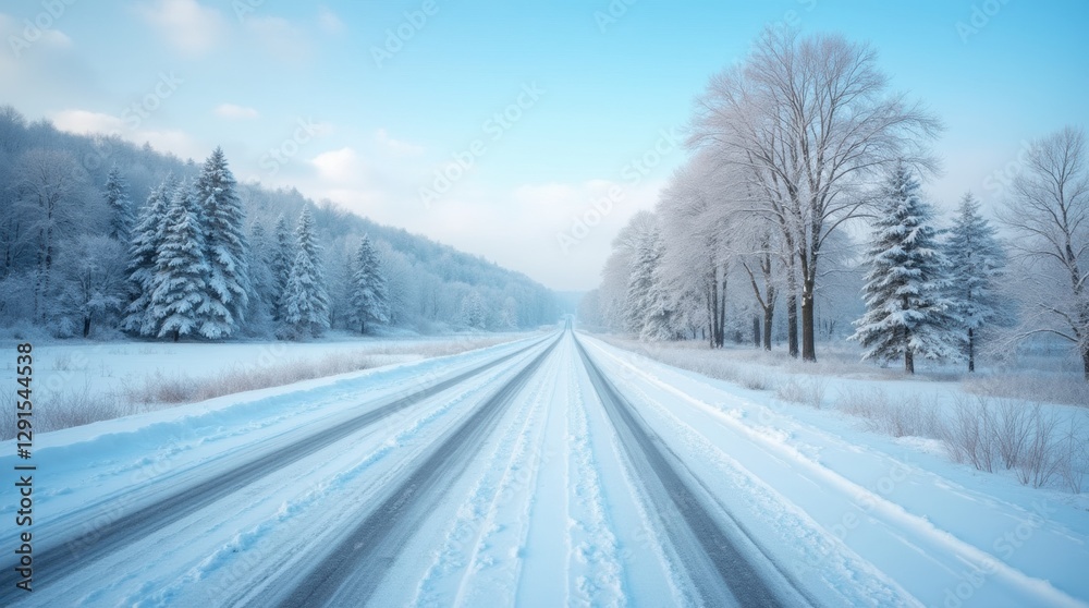 Winter road in a snowy field with trees and blue sky at sunset Winter road in a snowy field with trees and blue sky at sunset