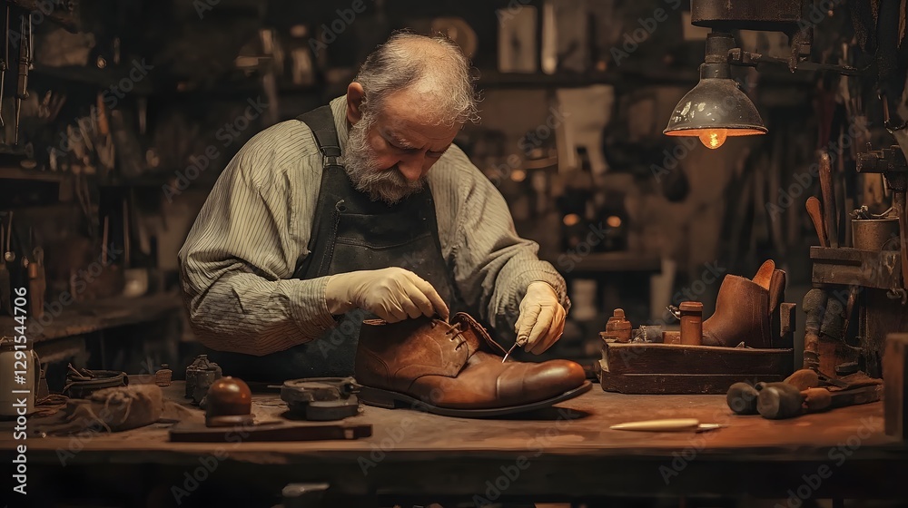 Artisan's Craft: An aged shoemaker, deeply concentrated, meticulously repairs a leather shoe within a warmly lit, cluttered workshop, embodying the spirit of traditional craftsmanship. Artisan's Craft: An aged shoemaker, deeply concentrated, meticulously repairs a leather shoe within a warmly lit, cluttered workshop, embodying the spirit of traditional craftsmanship.