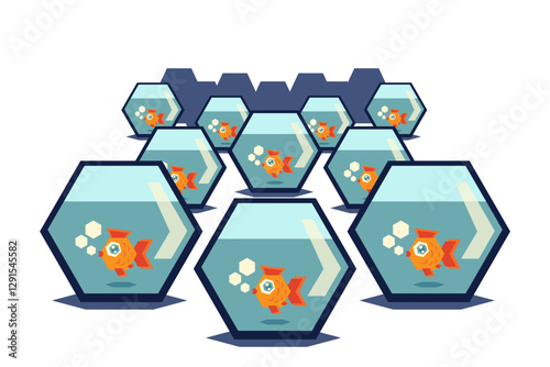 Fish in fishbowl. Concept of suppression personal freedom and personality in the world. Vector illustration