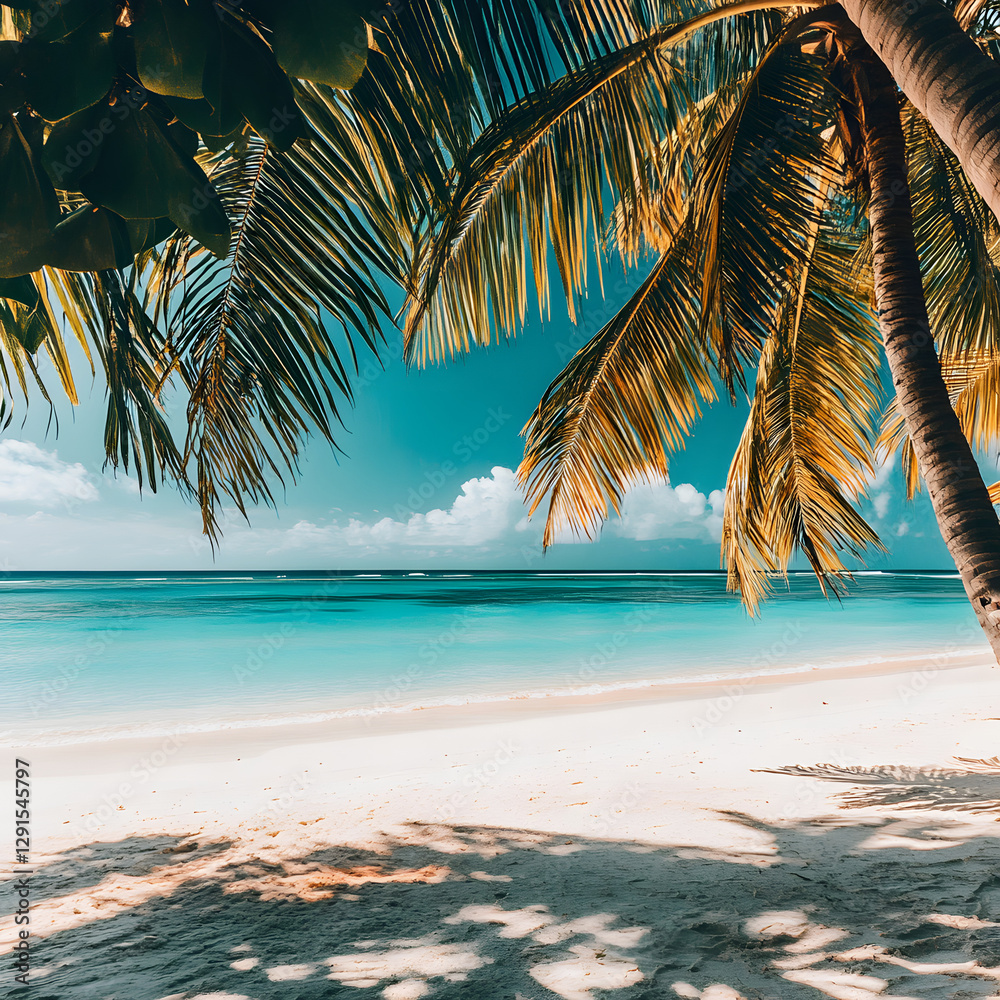 Naklejka premium Tropical beach, palm trees, ocean waves, volcanic mountains, vacation