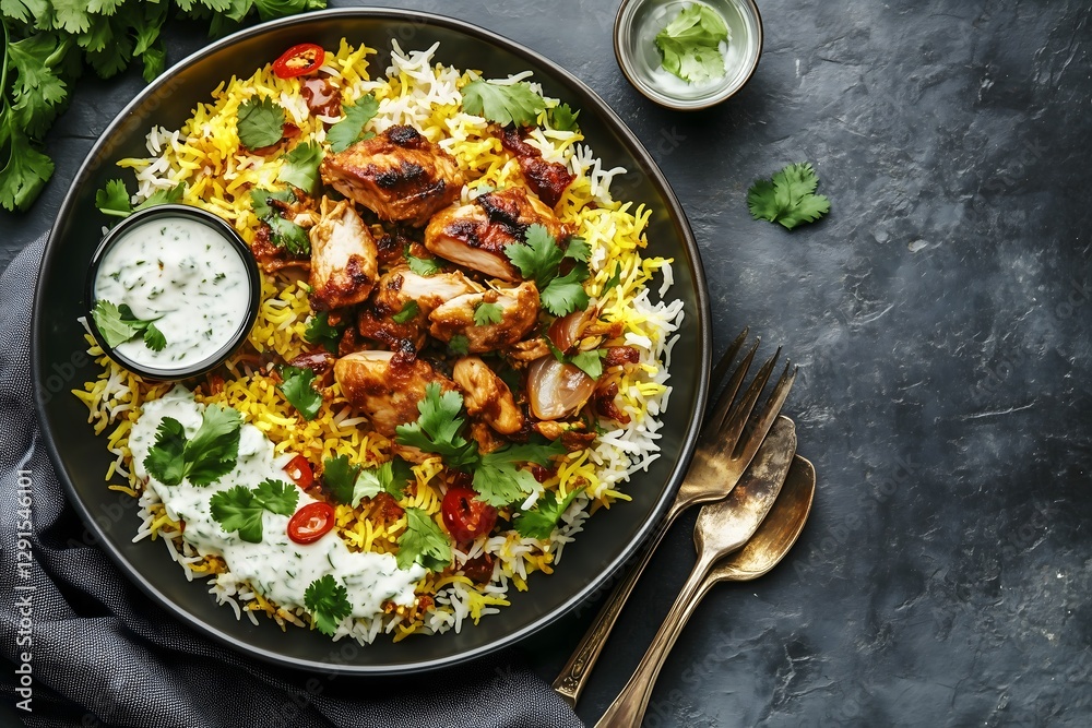 An aerial view of a bowl of chicken biryani with a side of raita An aerial view of a bowl of chicken biryani with a side of raita