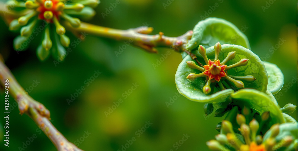 Obraz premium Macro View of Vibrant Flower and Leaves