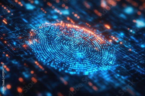Futuristic digital fingerprint authentication technology with glowing blue and orange data points representing cybersecurity, identity verification, and biometric access control photo