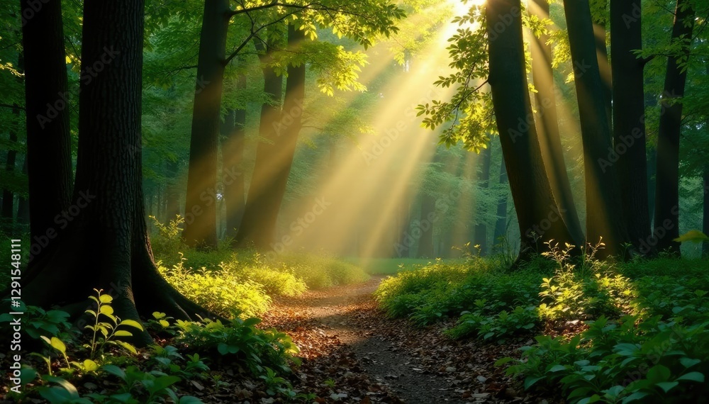 Fototapeta premium Soft sunlight casting shadows on forest floor, shadow, tree, sunlight