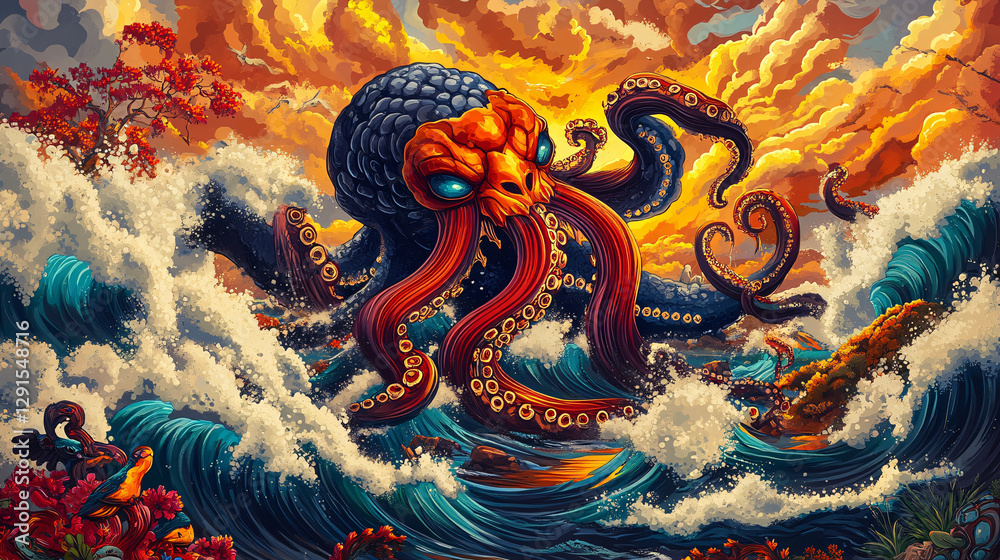 Obraz premium vibrant octopus emerges from turbulent waves under dramatic sunset, showcasing intricate details and vivid colors. scene evokes sense of adventure and mystery