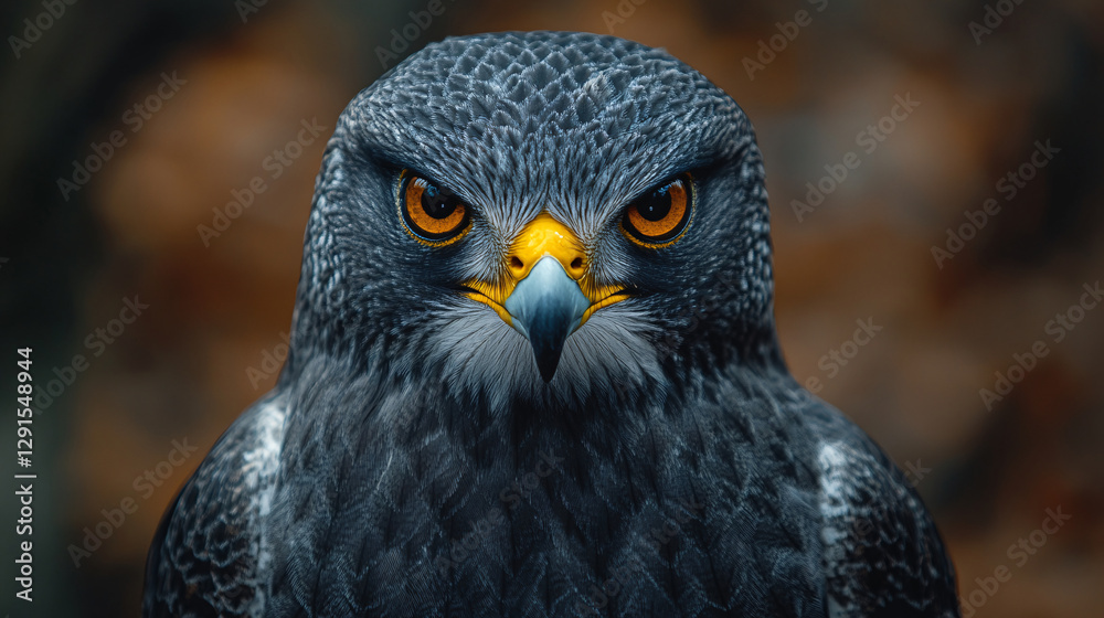 Fototapeta premium Majestic black hawk with piercing orange eyes, showcasing fierce expression and detailed feathers. striking representation of nature beauty and power