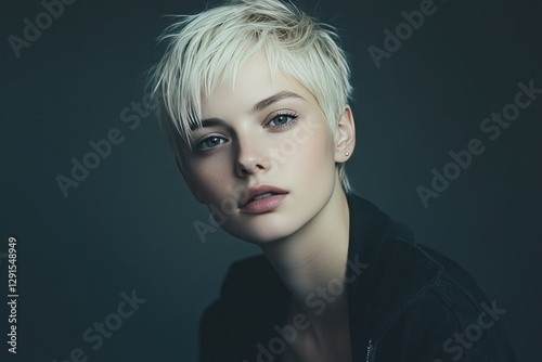 Young Woman with Short Blond Hair in Moody Artistic Portrait against Dark Background