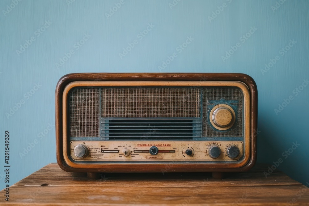 Fototapeta premium Vintage Radio on Wooden Table Against Blue Background in Retro Style