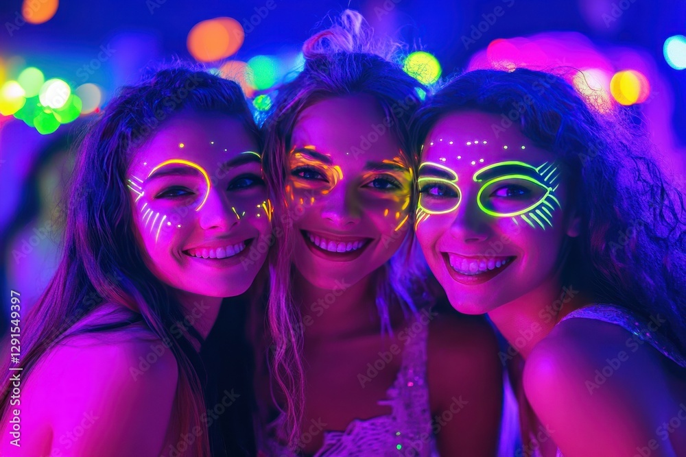 Obraz premium Three Young Women with Neon Face Paint Smiling at a Colorful Night Festival Celebration