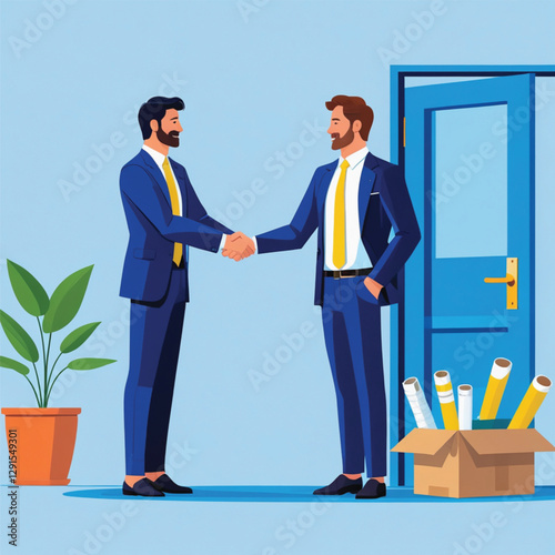 Offboarding process for employee leaving company, farewell or departure, quit job, decision for new opportunity, terminate work contract process, businessman manager check hands with leaving employee 