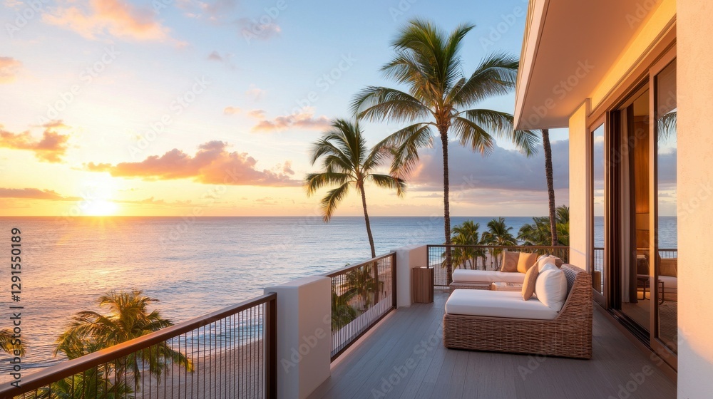 Fototapeta premium Luxurious Resort Balcony Overlooking Ocean at Sunset with Palms