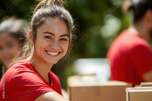 Happy Volunteer With Smiling Face at Outdoor Charity Event Engaged in Packing Boxes