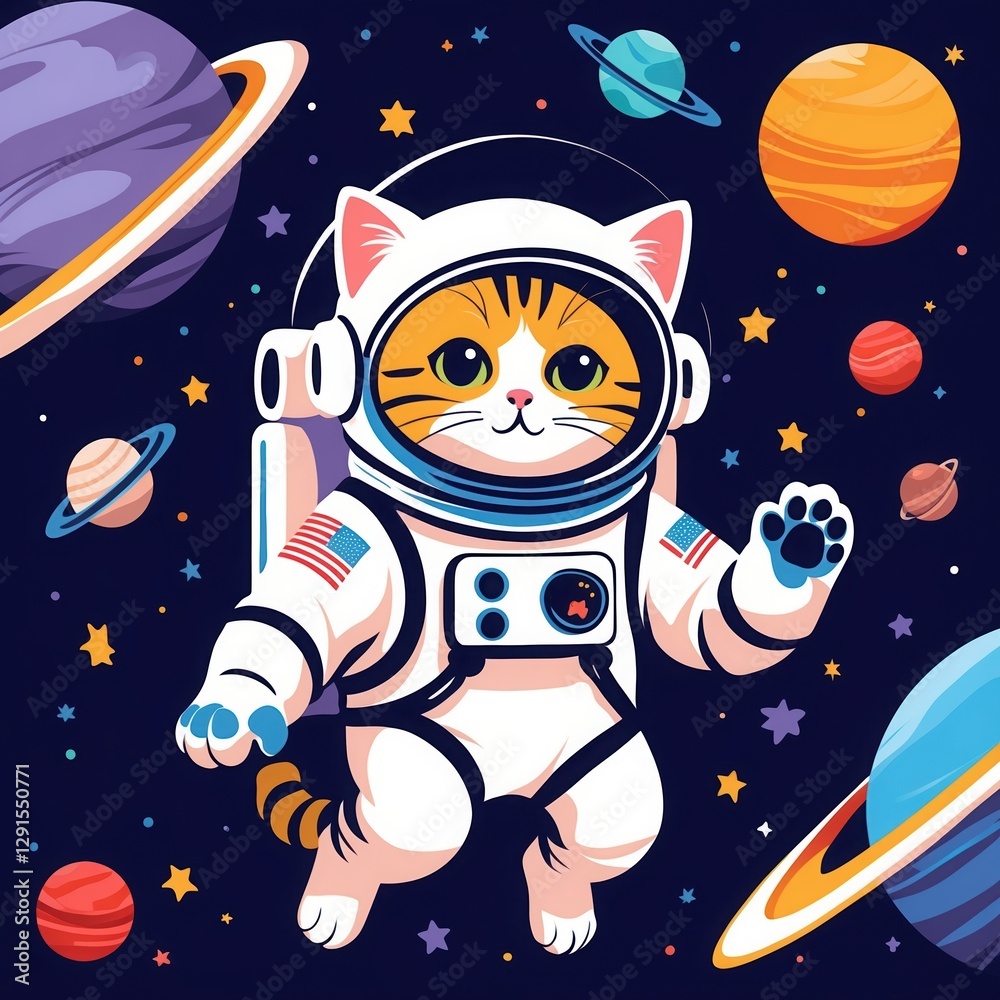 Fototapeta premium Cat Astronaut floats in Dark Blue Space. Orange Cat wears white space suit with flag. Planets and Stars around cute cartoon kitty.