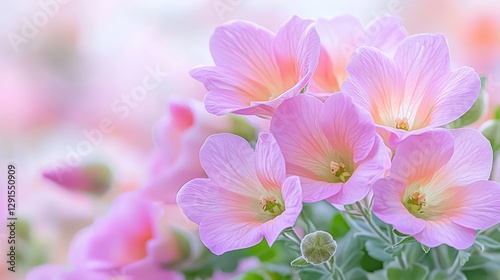 Delicate pink flowers bloom, soft background, garden setting, ideal for greeting cards