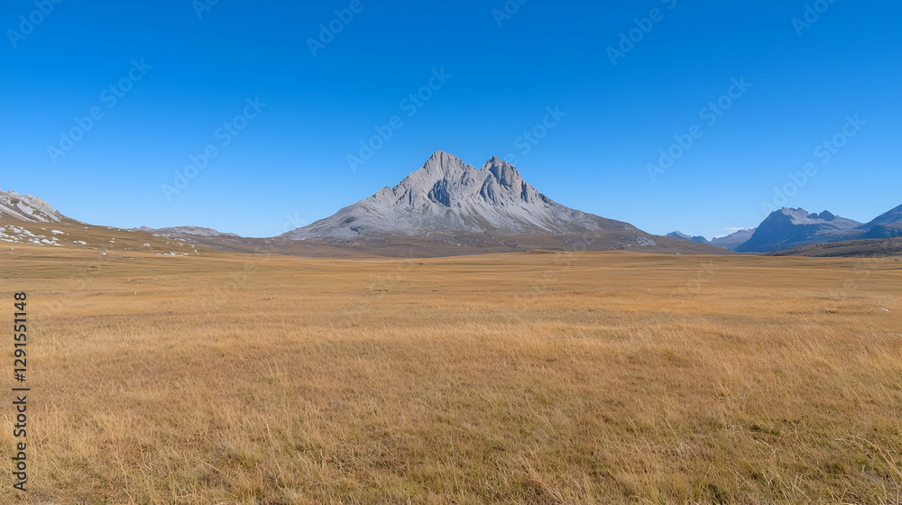 Majestic mountain peak, autumnal grasslands, clear sky, panoramic landscape; travel photography