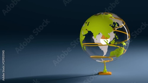 Glass globe Earth with LED light bulb inside rotates around its axis on dark blue background. Concept of Worldwide Impact, symbolizing eco-friendly energy and environmental conservation. 3d animation.