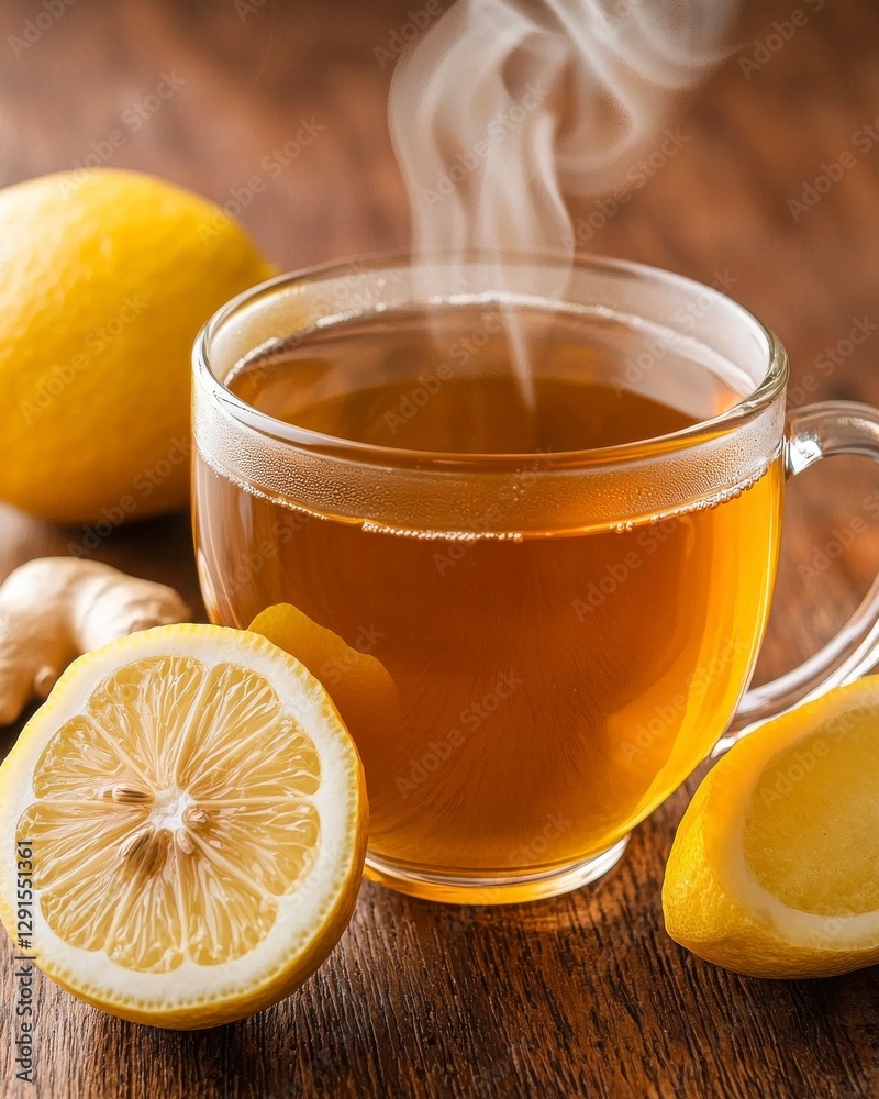 Steaming Herbal Tea with Fresh Lemon and Ginger Slices on Wood Steaming Herbal Tea with Fresh Lemon and Ginger Slices on Wood