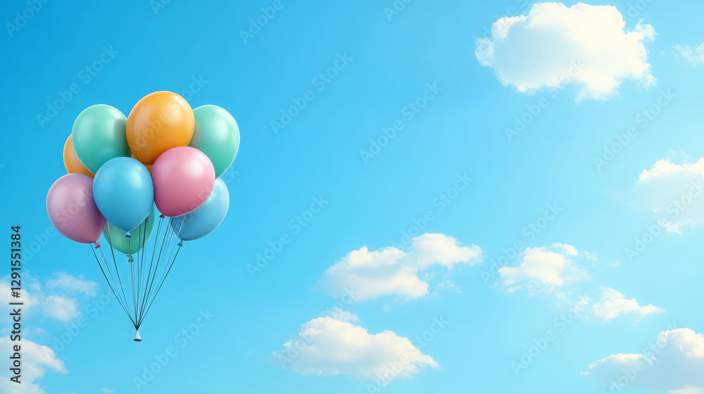 Colorful balloons soaring in bright blue sky with fluffy clouds create joyful and uplifting scene. Perfect for celebrations and cheerful occasions Colorful balloons soaring in bright blue sky with fluffy clouds create joyful and uplifting scene. Perfect for celebrations and cheerful occasions