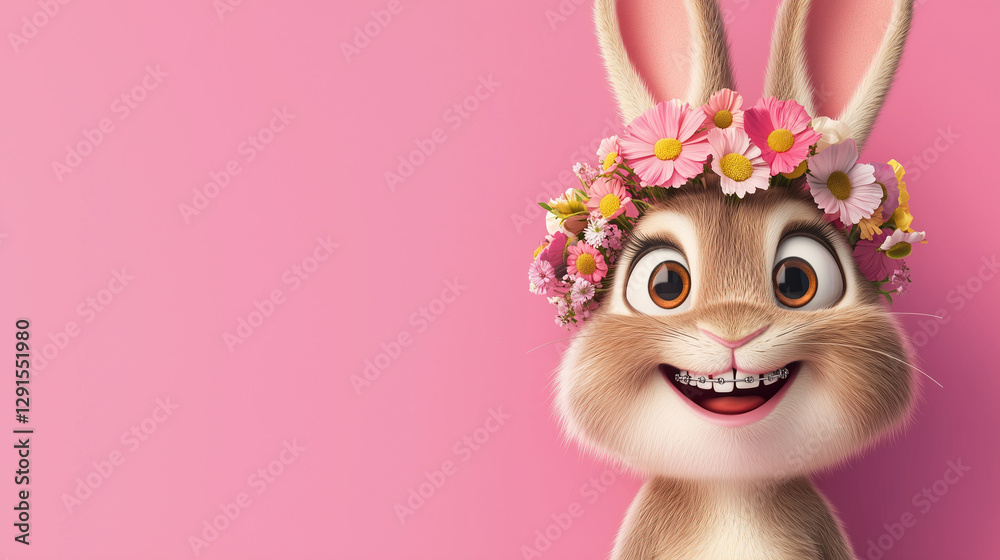 Naklejka premium caricature of a cute Easter bunny with a floral headband and dental braces :Easter in dental office banner