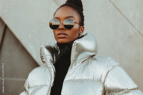Stylish woman in silver puffer jacket wearing sunglasses posing against modern urban backdrop