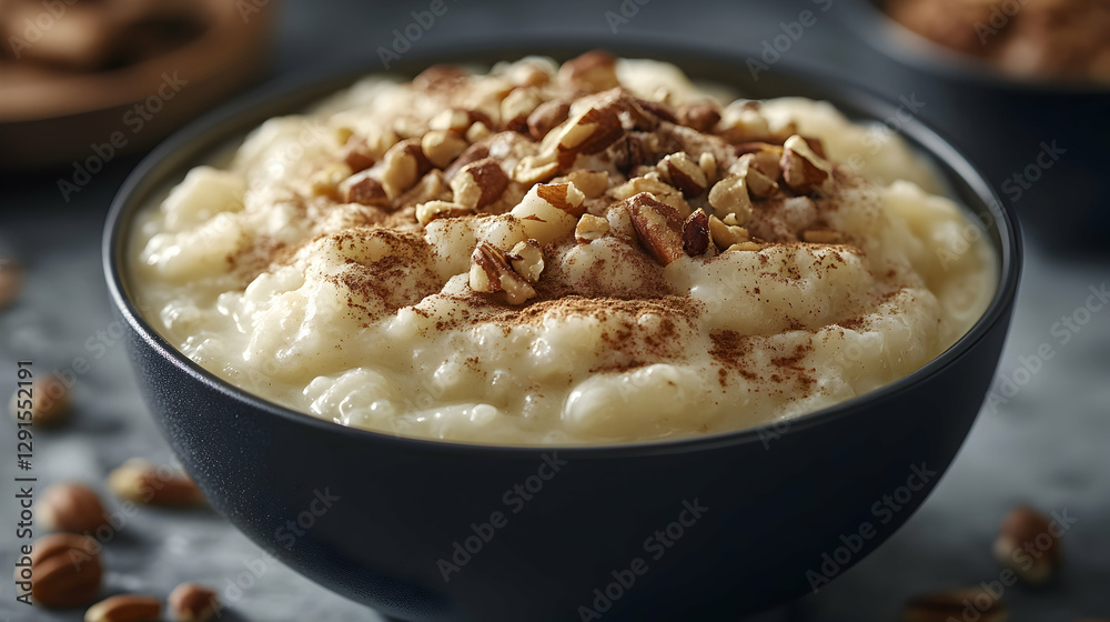 Creamy rice pudding topped with nuts and cinnamon in a bowl Creamy rice pudding topped with nuts and cinnamon in a bowl