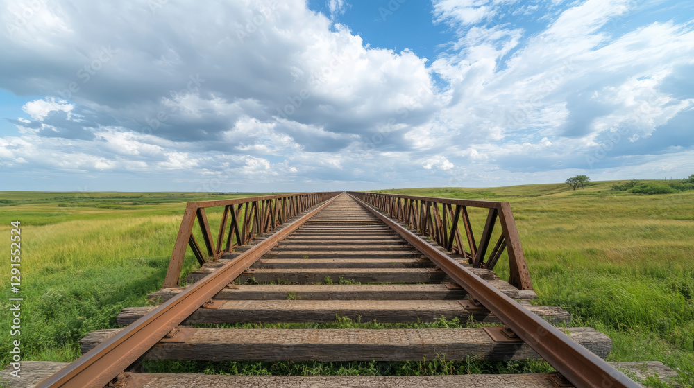 Fototapeta premium panoramic view of long iron bridge stretching into distance, surrounded by lush green fields and dramatic sky filled with clouds. scene evokes sense of adventure and exploration
