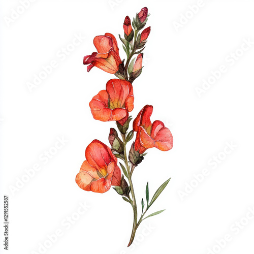 Vibrant snapdragon flower illustration with rich orange petals and green leaves, showcasing hand drawn style that captures beauty of nature