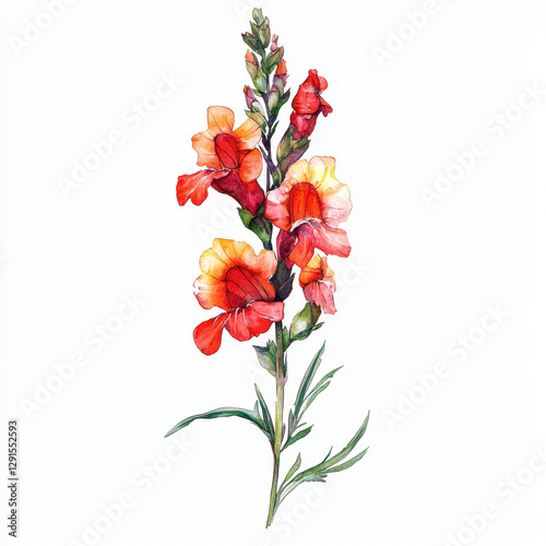 Vibrant snapdragon flower illustration with red and orange petals, showcasing intricate details and lush green leaves, perfect for floral designs and nature themes