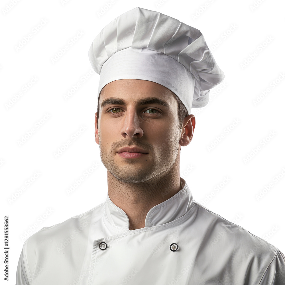Young Male Chef in White Uniform with Chef Hat Looking Confident Young Male Chef in White Uniform with Chef Hat Looking Confident