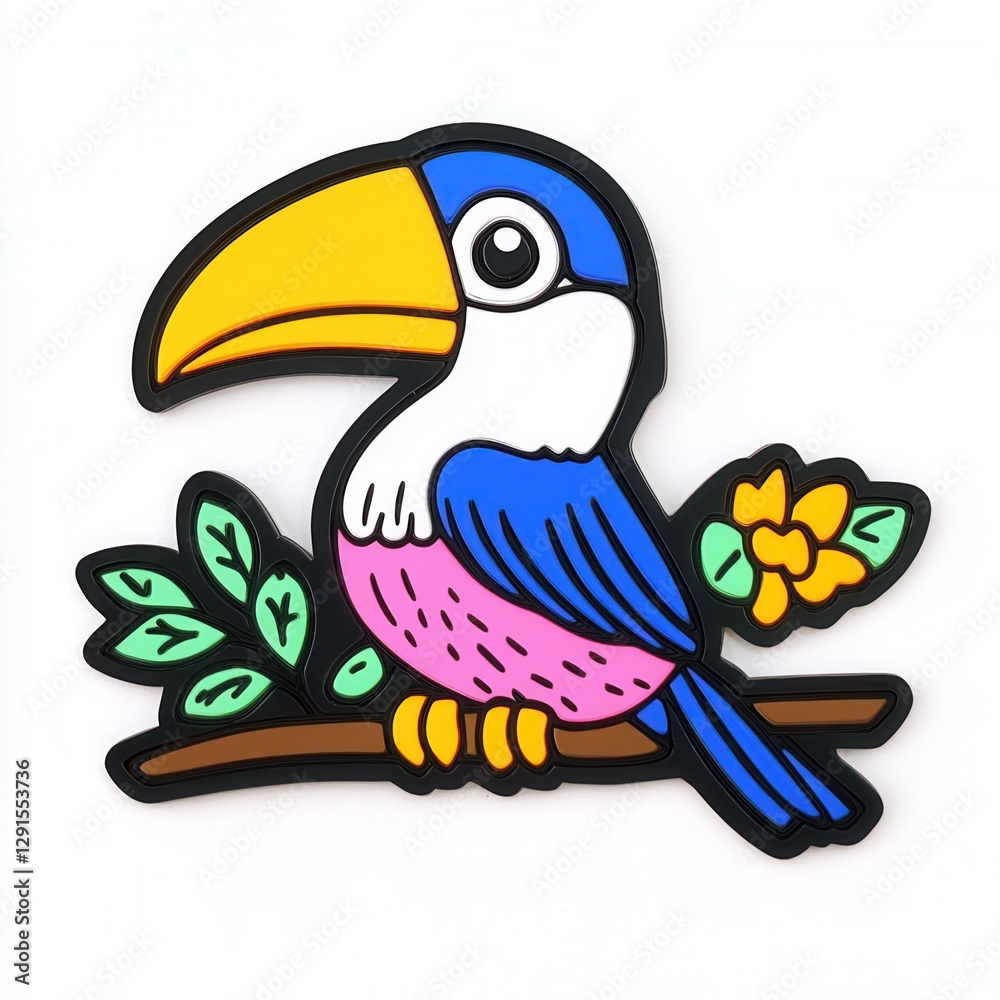 Obraz premium Colorful Cartoon Toucan Sitting on a Branch with Green Leaves and Yellow Flower Background
