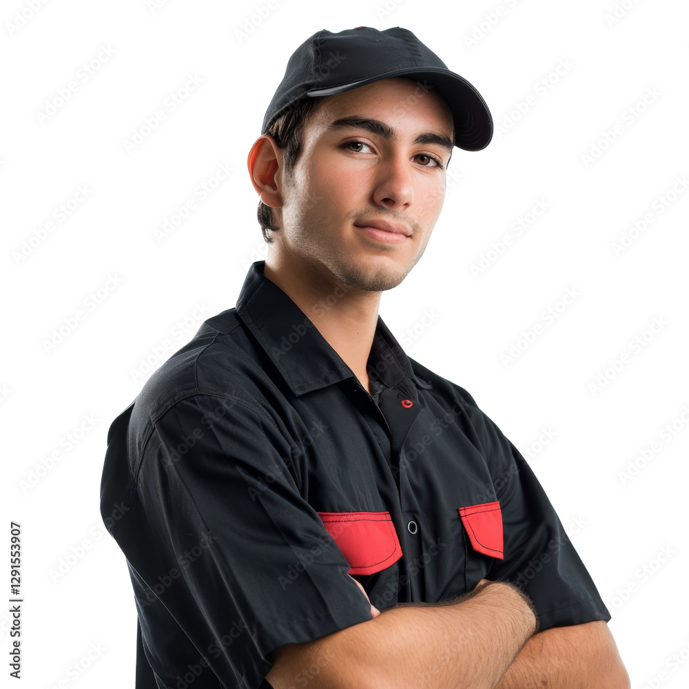 Confident Young Worker in Uniform Posing with Arms Crossed Confident Young Worker in Uniform Posing with Arms Crossed