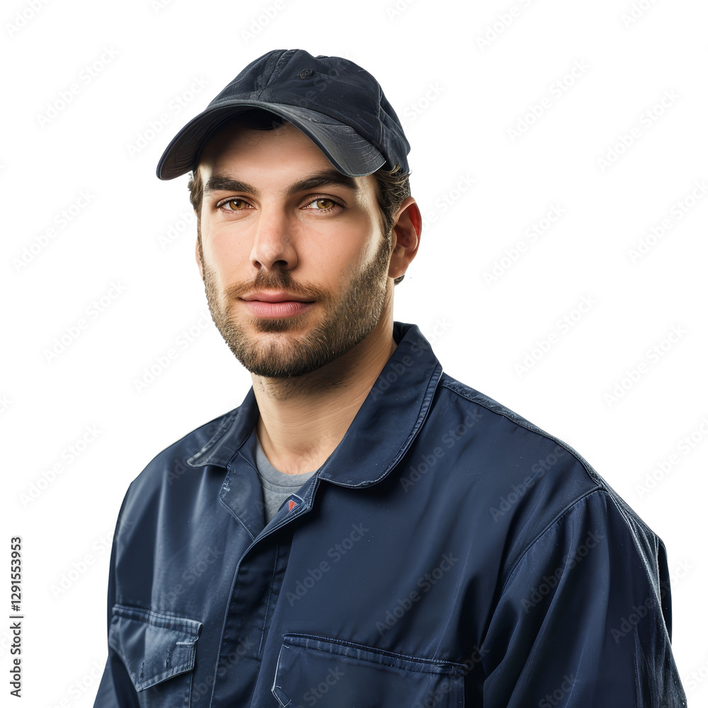Young Man Wearing Cap and Work Uniform Posing for Portrait Young Man Wearing Cap and Work Uniform Posing for Portrait