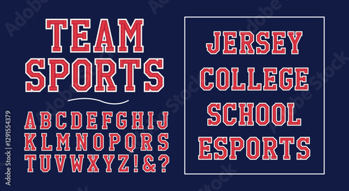 American college classic font. Vintage sports font in American style for T-shirt designs for football, baseball, and basketball teams. College, school and varsity style font, tackle twill. Vector
