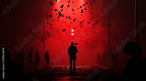 A striking minimalist scene of a journalist standing tall, voice recorder in hand, against a chaotic backdrop of simplified human forms in dark tones, representing the fight for transparency.