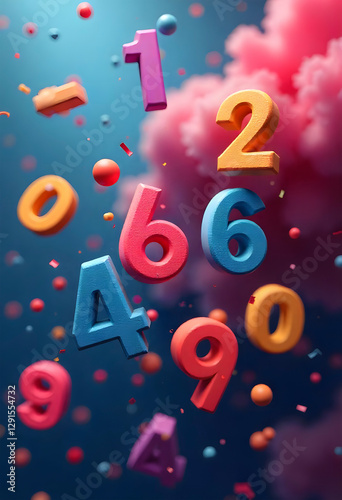 colorful numbers on blue and pink background. 3d render of colorful numbers on violet background. illustration of big numbers. back to school. colorful plastic numbers