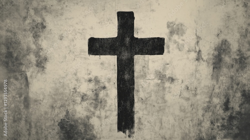 Solid Charcoal Cross on Textured Paper Background Solid Charcoal Cross on Textured Paper Background