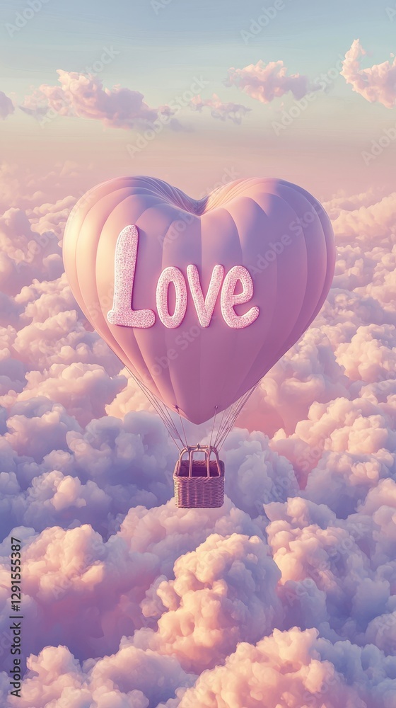 Fototapeta premium Heart-shaped hot air balloon with 'Love' text floating above clouds, symbolizing affection and dreams. Great for themes of romance, travel, and celebration.