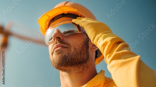 Construction Worker Ensuring Sun Safety: Applying Sunscreen with Protective Gear Outdoors