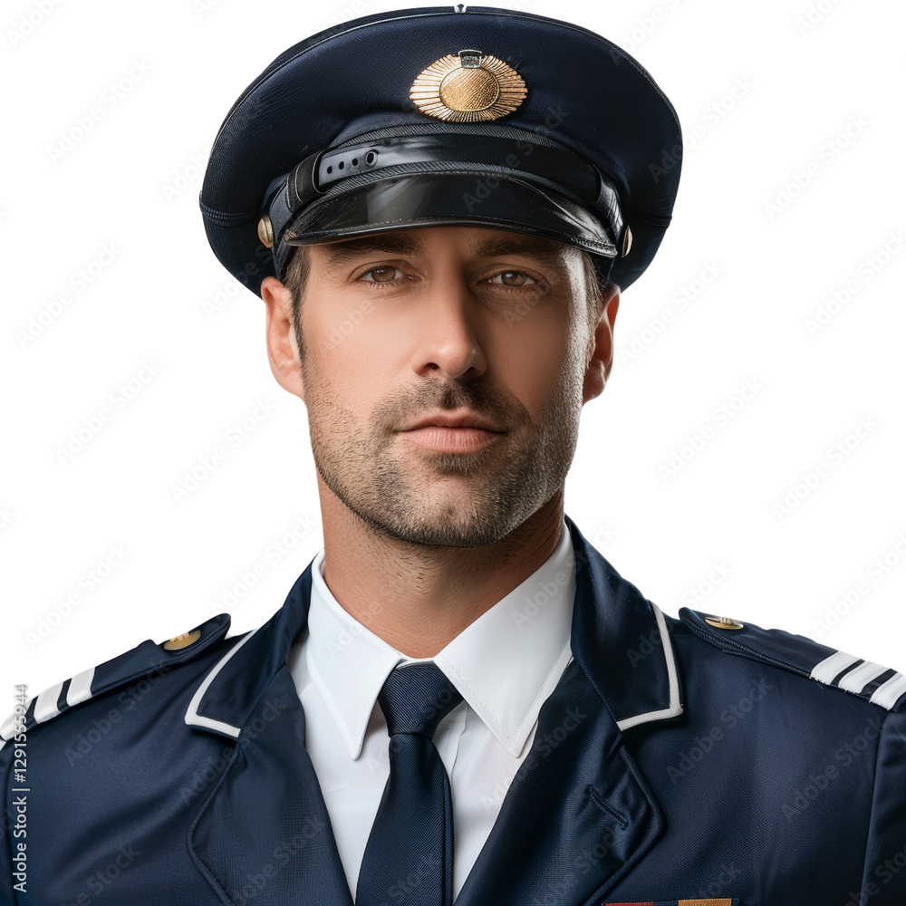 Confident Male Pilot in Uniform with Cap and Serious Expression Confident Male Pilot in Uniform with Cap and Serious Expression