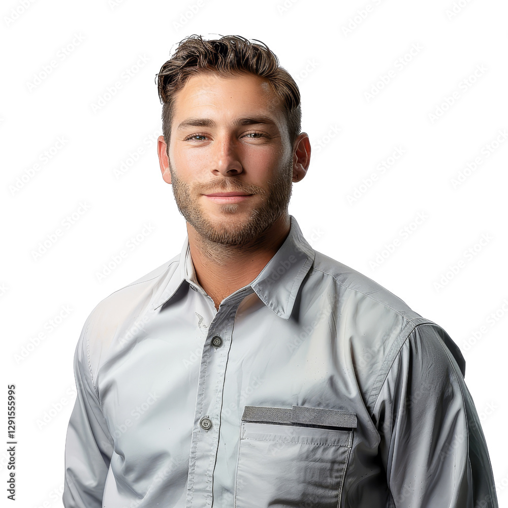 Confident young man in light gray shirt posing for a portrait Confident young man in light gray shirt posing for a portrait