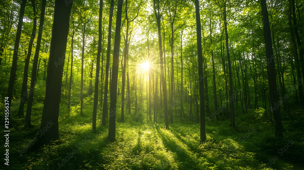 Fototapeta premium forest background with tall trees and sunlight filtering through the leaves